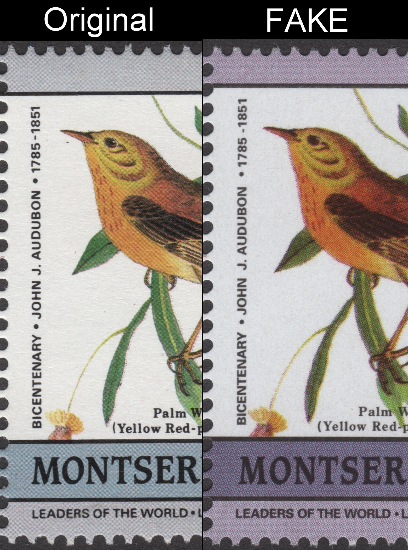 Montserrat 1985 Audubon Birds Unauthorized Reprint Stamps and